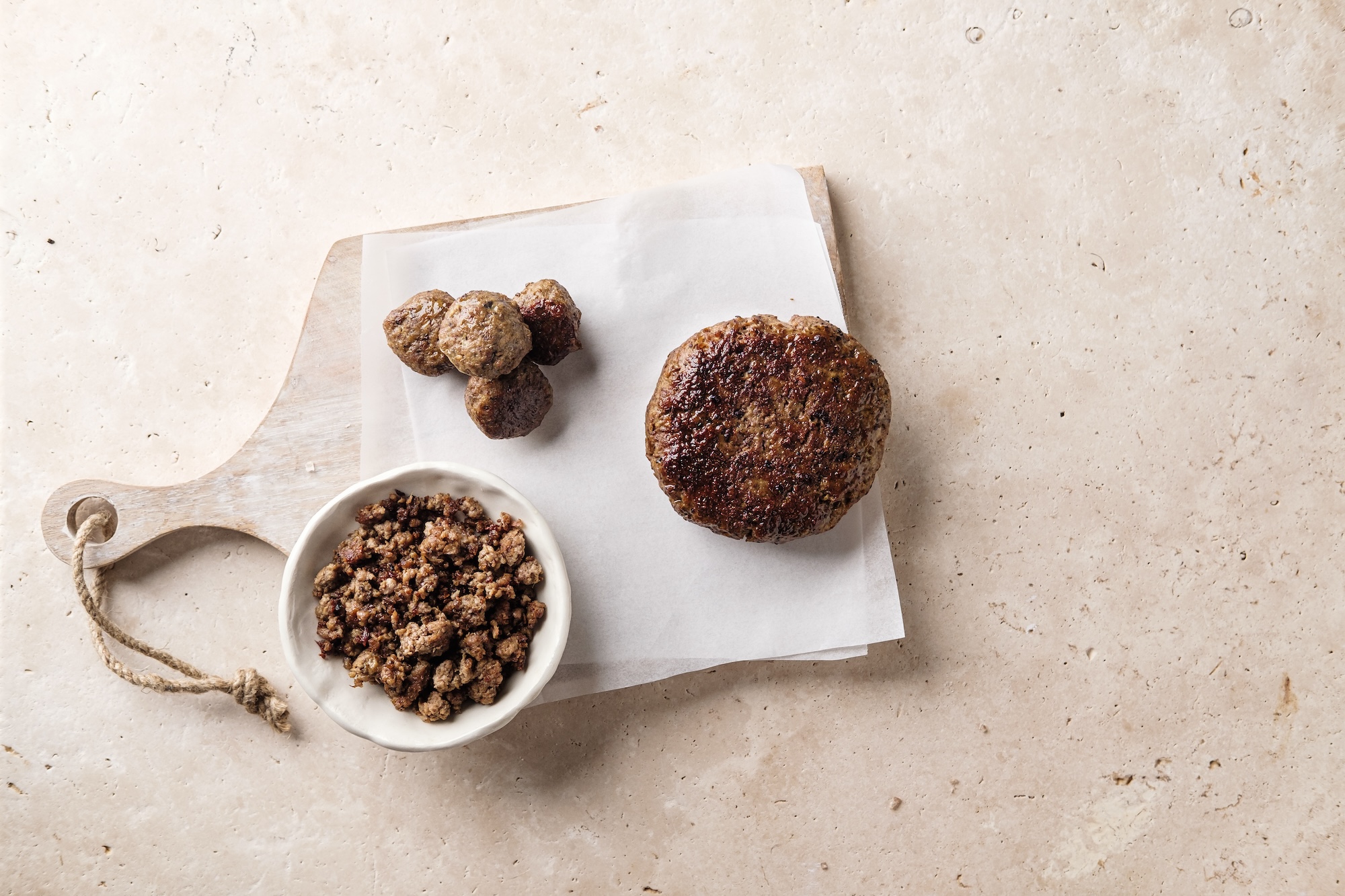 Shiitake infused beef — burger, meatballs and mince